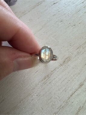 Moonstone Oval Sterling Silver Ring - Iridescent White Faceted - Size 9 - 9.25